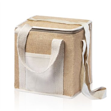 צידנית משפחתית  מעוצבת במראה טבעי  עשויה מבד יוטה , בשילוב כיס קדמי מכותנה