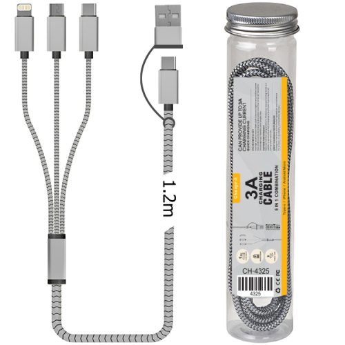 כבל טעינה מהיר במיוחד 3A משולב 5 ב-1 תואם Type-C/iPhone/Android Micro בטיוב