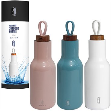 בקבוק תרמוס נירוסטה חם / קר עם מכסה עץ ומאחז סיליקון