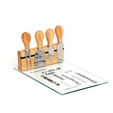 סט ארבע סכינים לחיתוך גבינות על משטח זכוכית בשילוב עץ