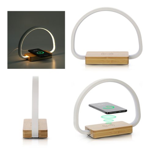 מנורת שולחן יוקרתית  בשילוב במבוק ומתכת  עם משטח טעינה אלחוטי 10W 