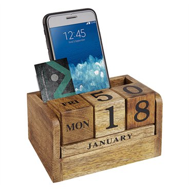 תאריכון קוביות עץ משולב עם מעמד לכרטיסי ביקור