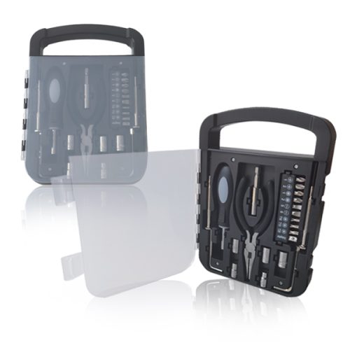 סט כלי עבודה 22 חלקים  במארז עם דלת שקופה וידית ניתן לתלות על הקיר
