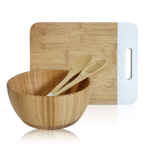 סט סלט מעוצב עשוי במבו, 4 חלקים קערה לסלט, קרש חיתוך ושתי כפות ערבוב