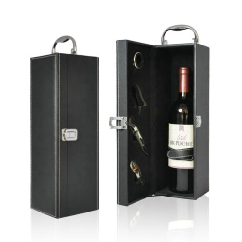 מארז מהודר דמוי עור לבקבוק יין עם מגוון אביזרי יין וידית נשיאה