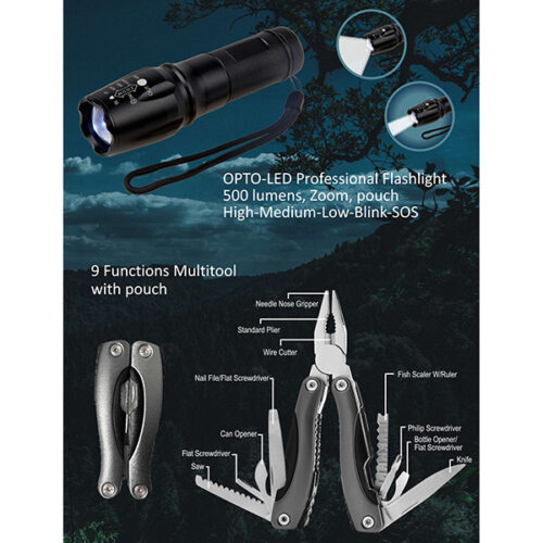סט השרדות הכולל פנס 500 לומנס ומיקוד משתנה OPTO-LED + רב כלי MULI TOOl בקופסת מתכת
