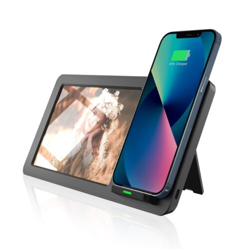 מעמד שולחני משולב עם משטח הטענה אלחוטי ומסגרת לתמונה