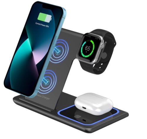 תחנת טעינה , מאפשרת טעינת 3 מכשירים במקביל -טלפון ,אוזניות ושעון חכם עם תאורה