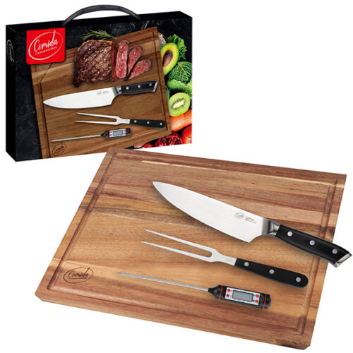 סט סכין סנטוקו, מדחום, קילשון בשר ולוח חיתוך עץ איכותי