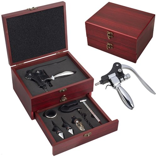 מארז עץ מתנה מהודר פותחן יין פושאפ עם 7 אביזרים