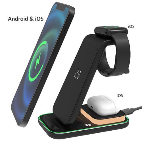 מטען אלחוטי מהיר 15W משולב עם תאורה 3 ב-1 לנייד + שעון חכם + אוזניות