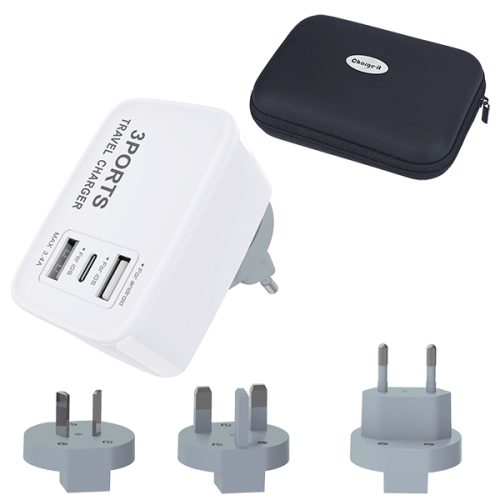 ערכת טעינה בינלאומית עם 2 שקעי הטענה USB ושקע Type-C 