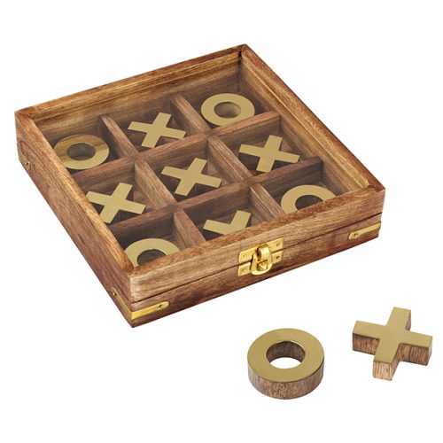 משחק איקס עיגול XO עם כלים מנחושת במארז עץ מפואר