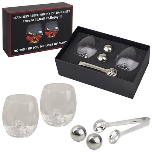 סט מתנה ויסקי - שתי כוסות עם כדורי קרח ממתכת