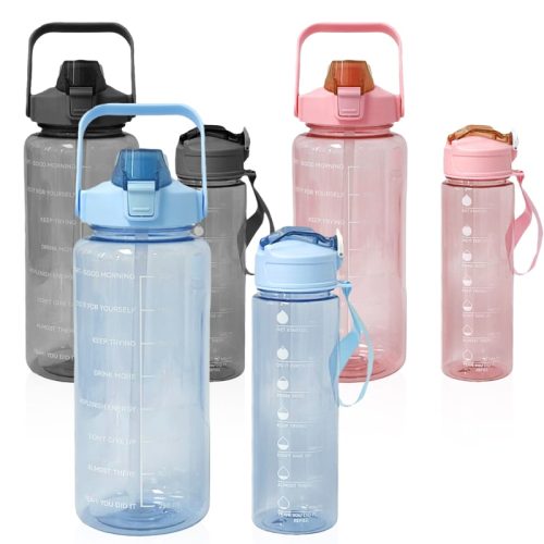 סט 2 בקבוקי -בקבוק ענק 2 ליטר עם קש, מכסה, וידית נשיאה+בקבוק 750 מ"ל עם קש סיליקון גמיש ורצועת נשיאה