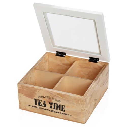 קופסת תה מעוצבת , 4 תאים , עשויה עץ , מכסה זכוכית 