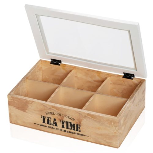 קופסת תה מעוצבת , 6 תאים , עשויה עץ , מכסה זכוכית