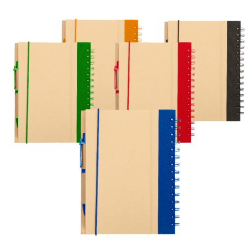 מחברת ספירלה עם כריכה קשה מנייר ממוחזר עם עט תואם