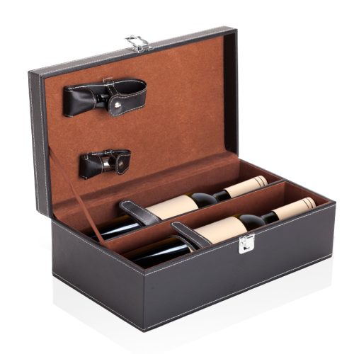 מארז דמוי עור מעוצב לזוג בקבוקי יין עם מגוון אביזרי יין וידית נשיאה קשיחה