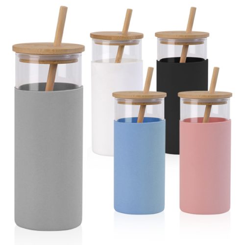  כוס זכוכית עם מכסה במבוק וקש 