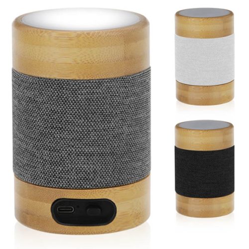 רמקול בלוטוס עוצמתי 5W   עם תאורת LED עשוי במבוק בשילוב אריג דו גווני 