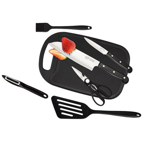 "Comida" סט 7 חלקים למטבח כולל סכין שף, סכין חיתוך, תרווד, מספריי עוף, מברשת, קולפן ולוח חיתוך