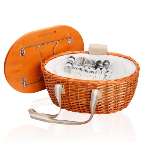 סלסלת פיקניק מהודרת עשויה מנצרים בשילוב עץ עם צידנית פנימית בעלת שכבת בידוד לשמירה על חום/קור