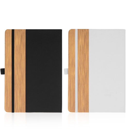 מחברת A5 כריכה קשה בעיצוב במבוק ודמוי עור   סגירת גומי ומקום לעט 