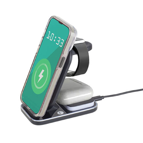 מטען אלחוטי מהיר 15W משולב עם תאורה 3 ב-1 לנייד + שעון חכם + אוזניות