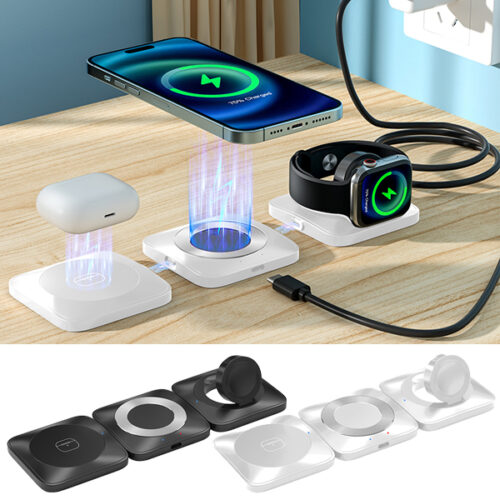 מטען מגנטי אלחוטי מהיר 15W משולב עם תאורה 3 ב-1 לנייד + שעון חכם + אוזניות