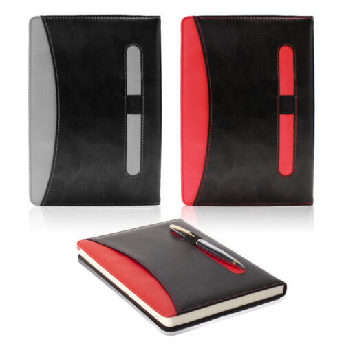 מחברת עם כריכת דמוי עור מהודרת עם מקום לעט ותא חיצוני